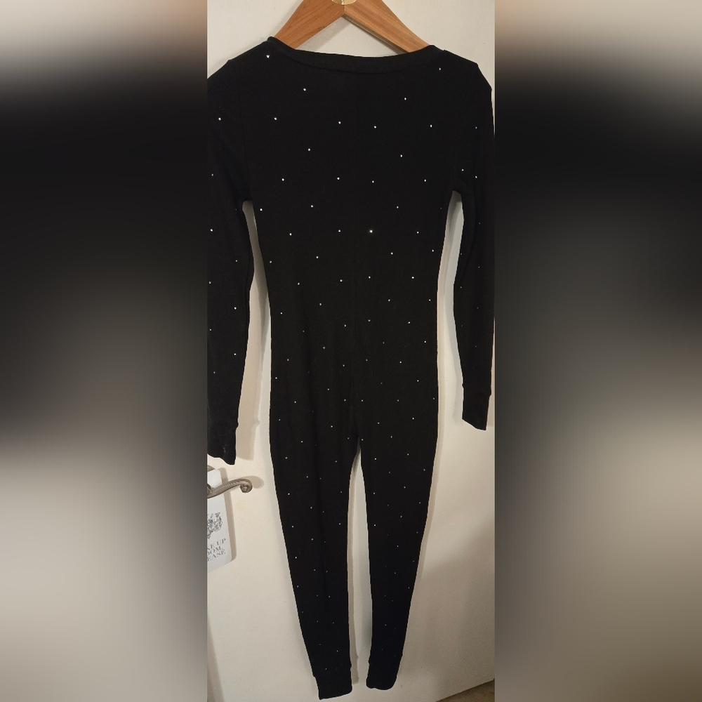Rhinestone Studded Bling Waffle Weave Romper Pajamas Long Sleeve Thermal XS S - Picture 4 of 16